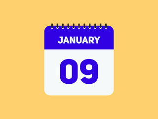 January 09 text calendar reminder. 9th January daily calendar icon template