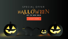 Halloween Sale Header Or Banner Design With 50% Discount Offer And Black Cat And Scary Pumpkins On Night Graveyard Background.
