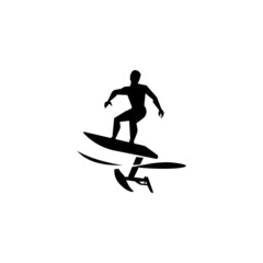 Silhouette of a man riding a hydrofoil. Black vector icon, logo isolated on white background.