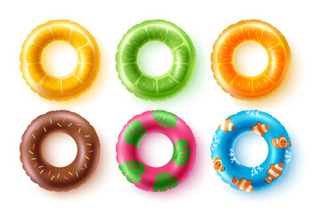 Wall Mural - swimming floater vector set design. inflatable 3d floaters in fruit, donut and patterns with leaf an