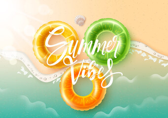Poster - Summer holidays vector design. Summer vibes typography text in beach seashore with fruity floaters and sea shell tropical elements for relax outdoor vacation. Vector illustration.
