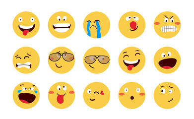 Poster - Emoji characters vector set design. Emoticon flat emoji faces with funny, cool, crazy and angry facial emotion in yellow circle for emoticons cartoon character collection. Vector illustration.
