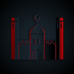 Sticker - Paper cut Muslim Mosque icon isolated on black background. Paper art style. Vector Illustration