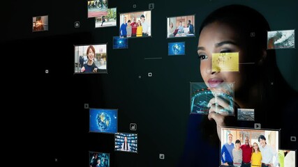 Poster - Young black woman watching Hologram screens. Head up display. Video distribution service. Virtual reality. Metaverse.