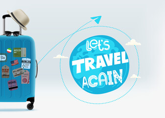 Poster - Travel concept with suitcase and logo. 3d vector banner with copy space for a text