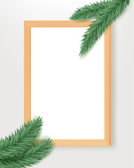 Wall Mural - Empty wood frame on the table with pine branches. 3d vertical vector mockup for design