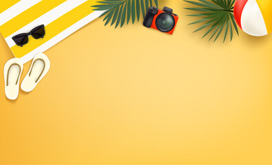 Aufkleber - Travelers things on a beach. Sunglasses, photo camera, towel with stripes, beach ball, palm leaves and slippers on a sand. 3d vector illustration with copy space for a text