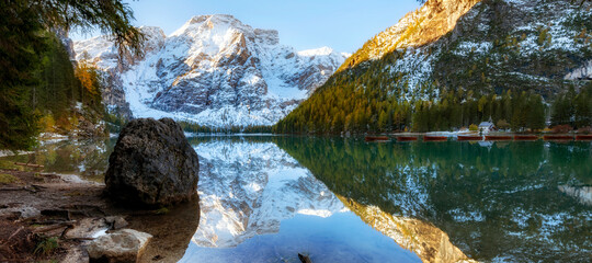 Wall Mural - Landscape of Lago di Braies in dolomite mountains