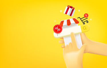Aufkleber - Man searching goods in internet via mobile phone. 3d vector banner with copy space