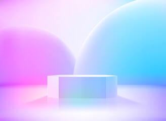Poster - Bright studio with white podium and neon glow effect. Vector 3d illustration