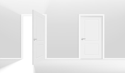 Poster - Two doors one of them is opening. Realistic 3d style vector illustration