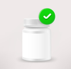 Poster - Plastic container with capsules with checkmark. 3d vector icon
