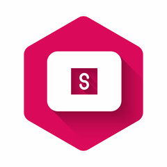 Poster - White Stop media button icon isolated with long shadow background. Pink hexagon button. Vector