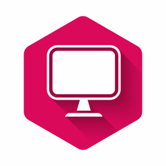 Poster - White Computer monitor screen icon isolated with long shadow background. Electronic device. Front view. Pink hexagon button. Vector