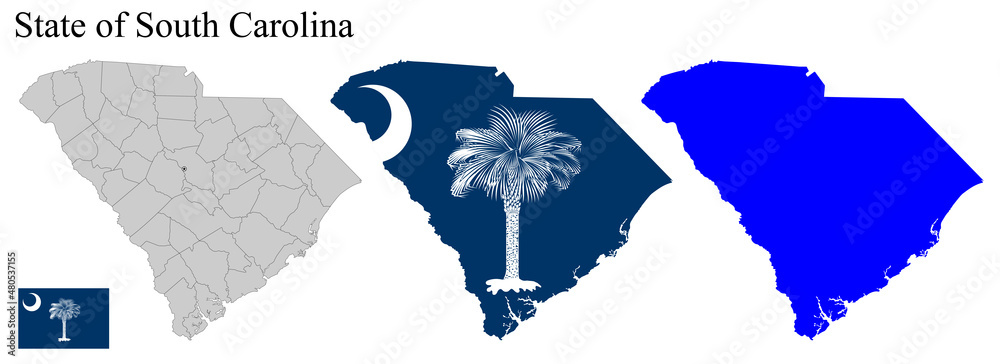 Set of maps of South Carolina (USA). Flag on the map. Silhouette of the ...
