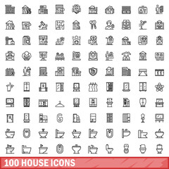 Poster - 100 house icons set, outline style