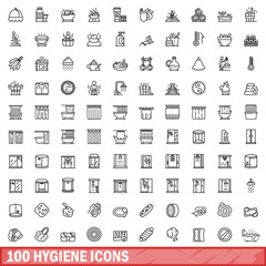 Poster - 100 hygiene icons set, outline style