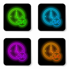 Canvas Print - Glowing neon line Clock 24 hours icon isolated on white background. All day cyclic icon. 24 hours service symbol. Black square button. Vector