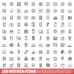 Poster - 100 kitchen icons set, outline style