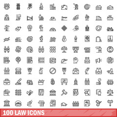 Sticker - 100 law icons set, outline style