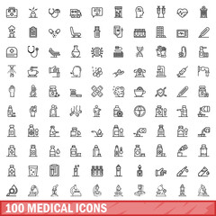 Wall Mural - 100 medical icons set, outline style