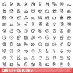 Poster - 100 office icons set, outline style