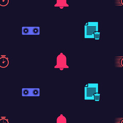 Poster - set delete file document, stereo speaker, ringing bell and stopwatch on seamless pattern. vector
