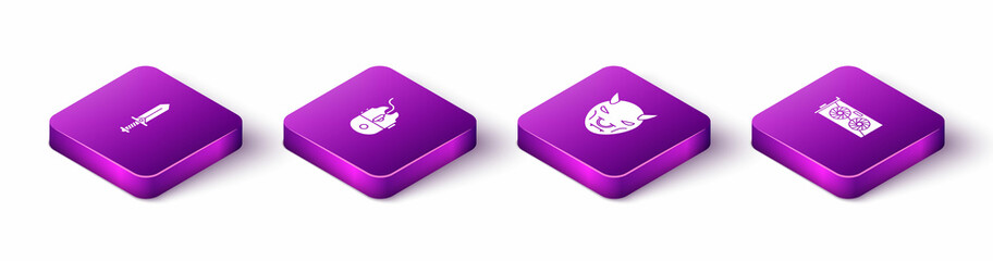 Poster - Set Isometric Sword for game, Computer mouse gaming, Mask of the devil with horns and Video graphic card icon. Vector