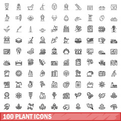 Wall Mural - 100 plant icons set, outline style