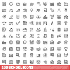 Poster - 100 school icons set, outline style