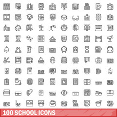 Poster - 100 school icons set, outline style