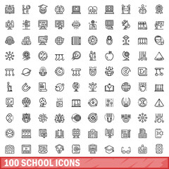 Poster - 100 school icons set, outline style