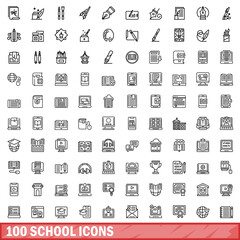 Poster - 100 school icons set, outline style