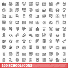Poster - 100 school icons set, outline style
