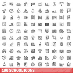 Poster - 100 school icons set, outline style