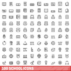 Poster - 100 school icons set, outline style