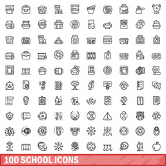 Poster - 100 school icons set, outline style