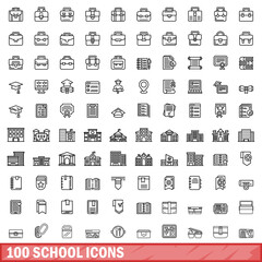 Sticker - 100 school icons set, outline style