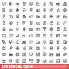 Poster - 100 school icons set, outline style