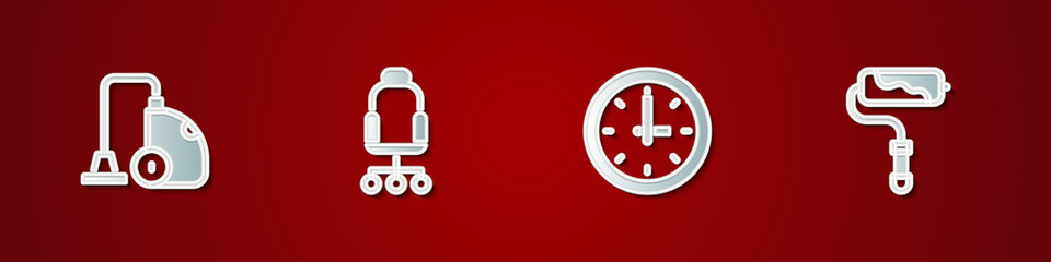 Sticker - Set Vacuum cleaner, Office chair, Clock and Paint roller brush icon. Vector