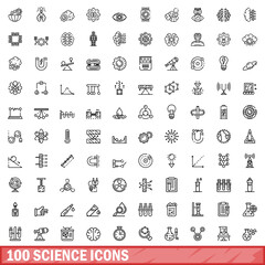 Sticker - 100 science icons set, outline style