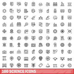 Poster - 100 science icons set, outline style