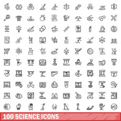 Poster - 100 science icons set, outline style