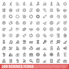Poster - 100 science icons set, outline style