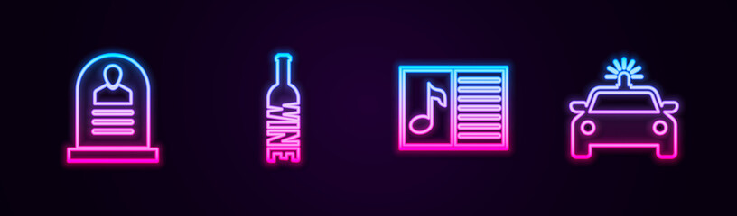 Sticker - Set line Tombstone with RIP written, Bottle of wine, Music book note and Police car and flasher. Glowing neon icon. Vector