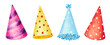 Set of watercolor party hats isolated on white background.
