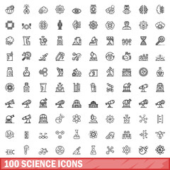 Poster - 100 science icons set, outline style