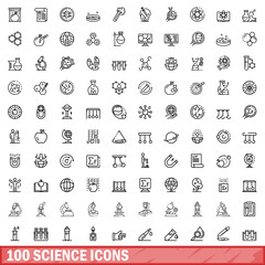 Poster - 100 science icons set, outline style