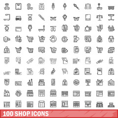 Poster - 100 shop icons set, outline style