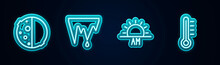 Set Line Eclipse Of The Sun, Icicle, Sunrise And Meteorology Thermometer. Glowing Neon Icon. Vector